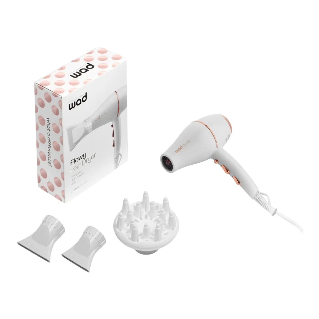 Secador de pelo iónico compacto Flowy White para peluquería Wad