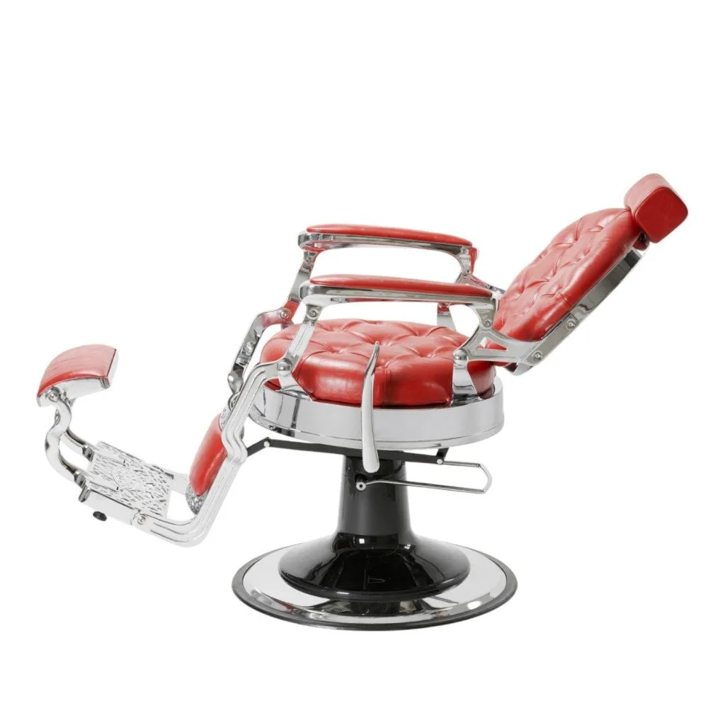 Sillón de barbero Mack Red Silver, tapizado rojo capitoné y estructura de aluminio inyectado - i-Medstetic
