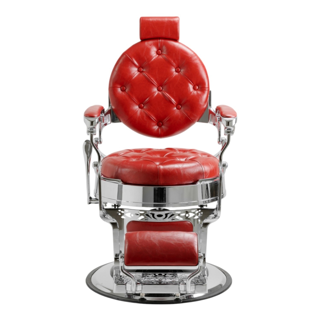 Sillón de barbero Mack Red Silver, tapizado rojo capitoné y estructura de aluminio inyectado - i-Medstetic