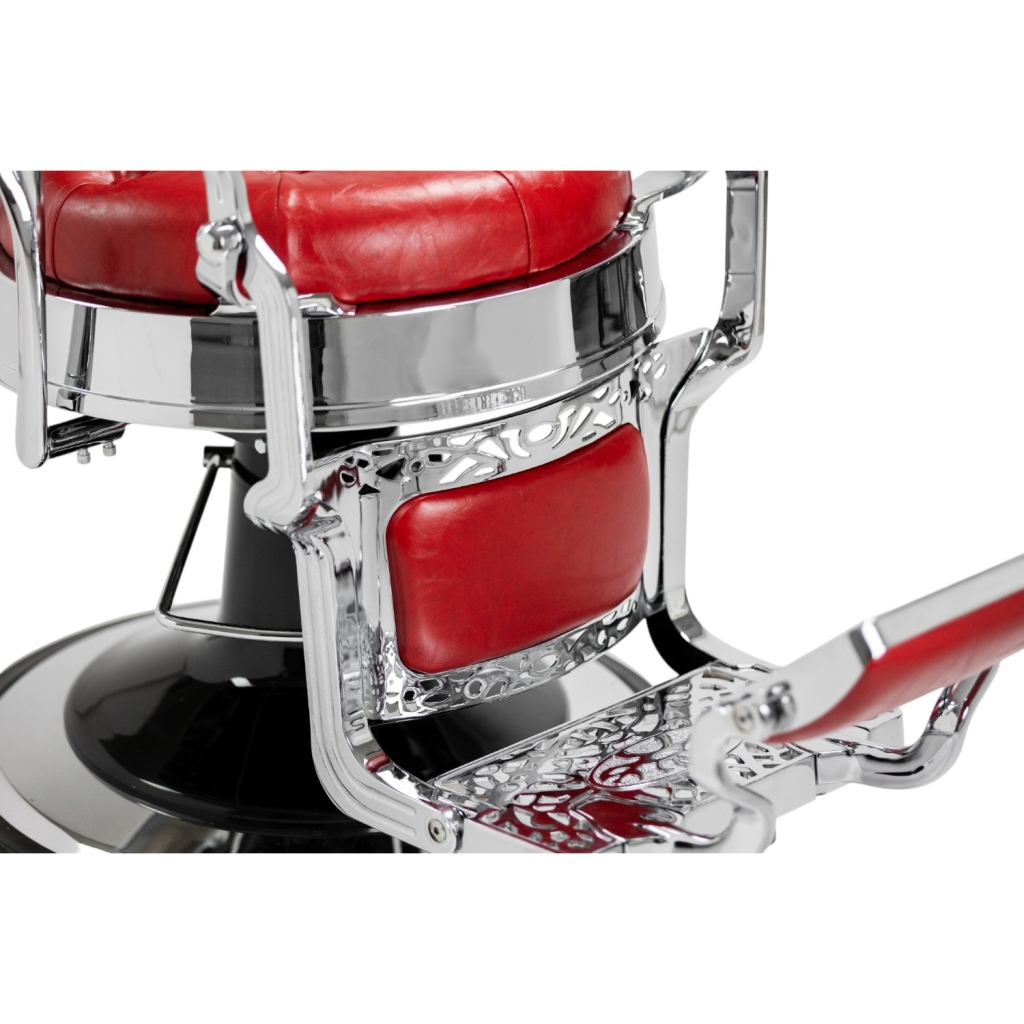 Sillón de barbero Mack Red Silver, tapizado rojo capitoné y estructura de aluminio inyectado - i-Medstetic