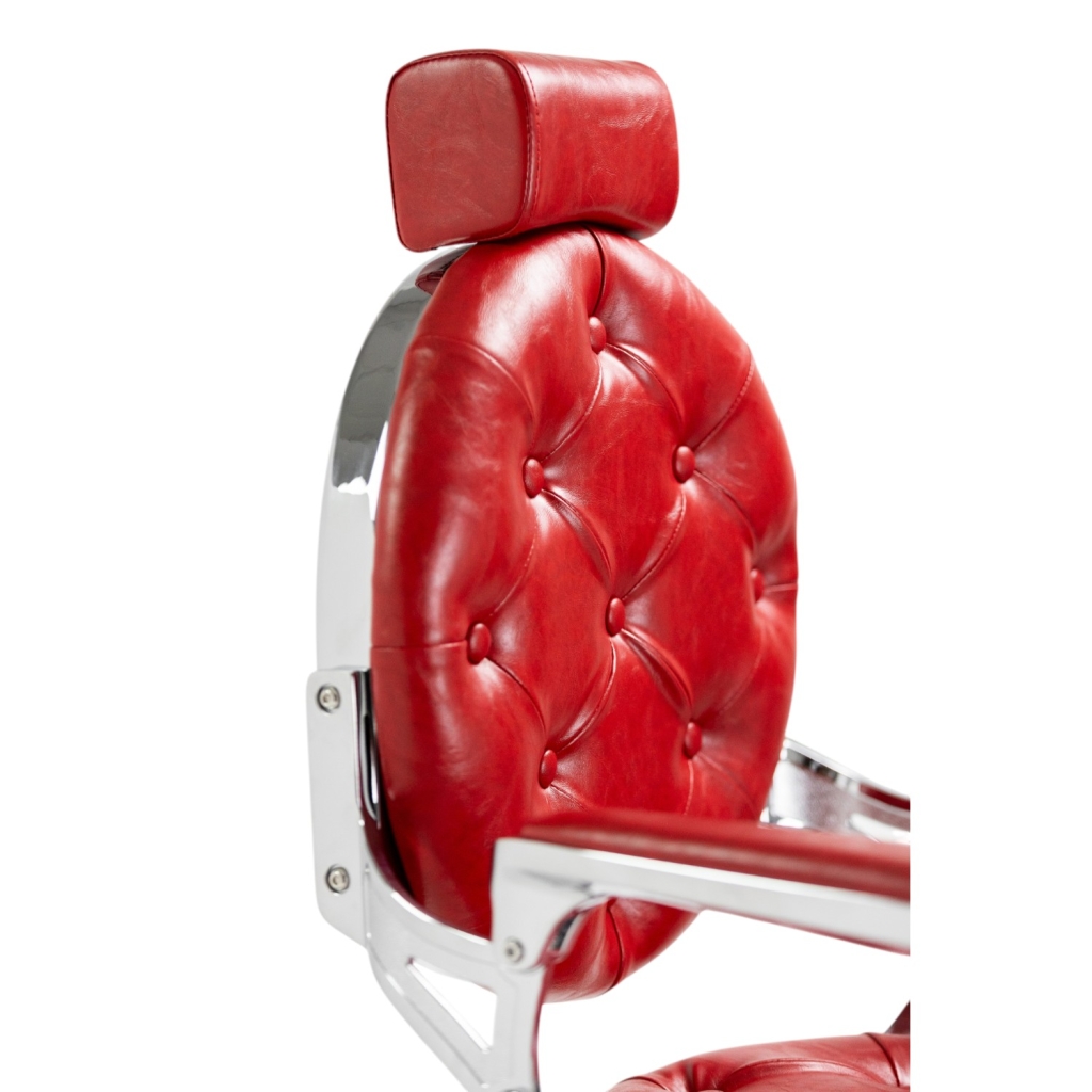 Sillón de barbero Mack Red Silver, tapizado rojo capitoné y estructura de aluminio inyectado - i-Medstetic