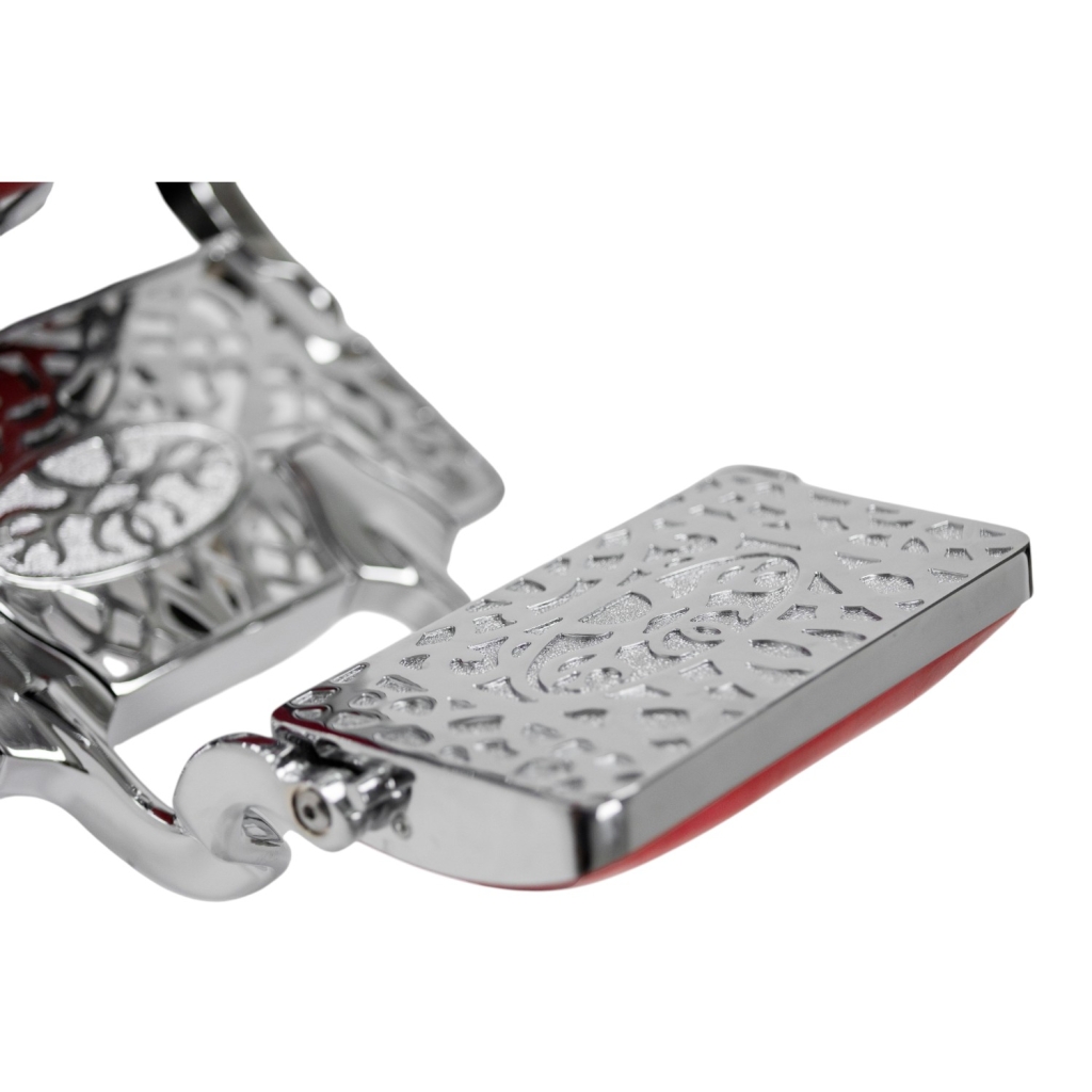 Sillón de barbero Mack Red Silver, tapizado rojo capitoné y estructura de aluminio inyectado - i-Medstetic