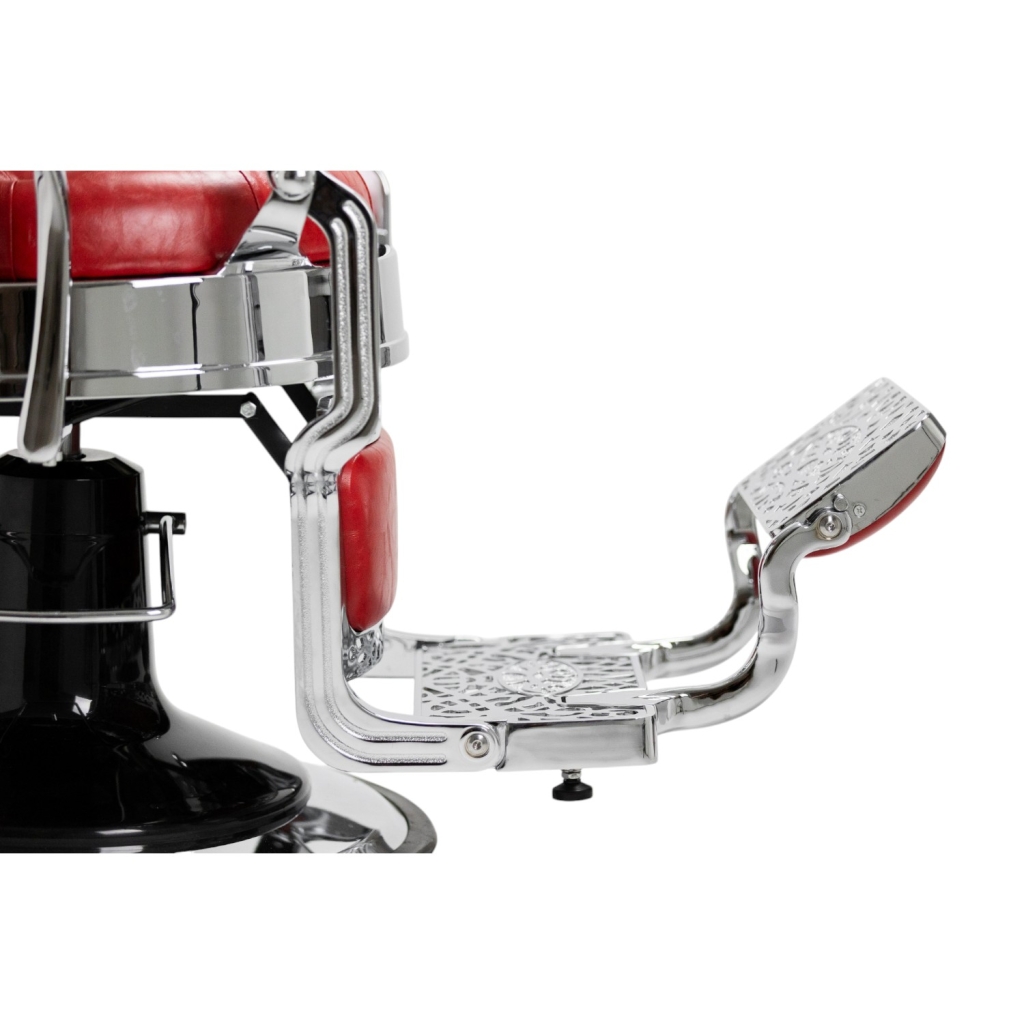 Sillón de barbero Mack Red Silver, tapizado rojo capitoné y estructura de aluminio inyectado - i-Medstetic