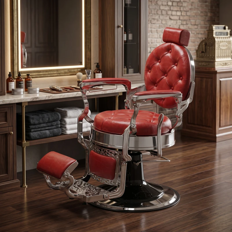 Poltrona da barbiere Mack Red Silver - Stile classico, rivestimento rosso trapuntato e struttura in alluminio pressofuso - i-Med