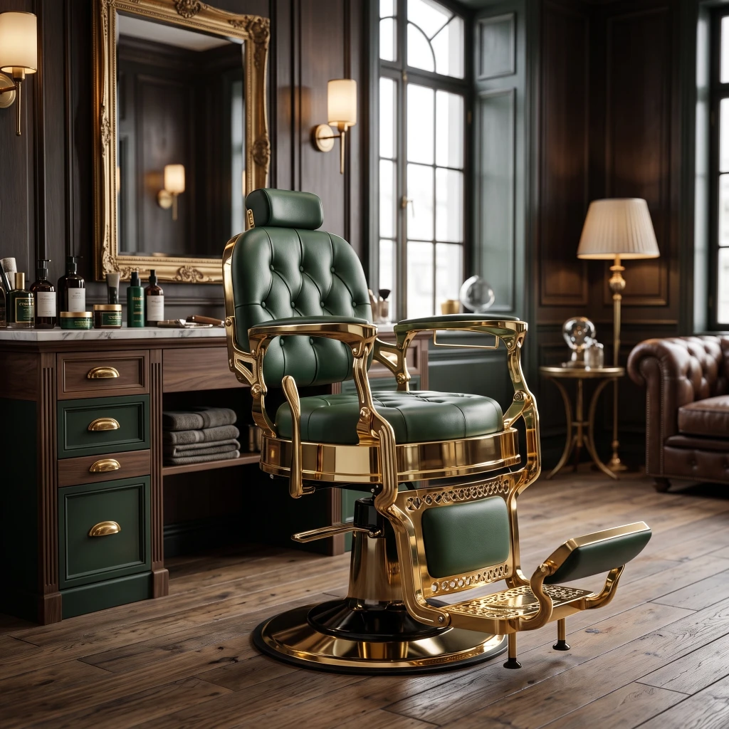 Sillón de barbero Green Gold tapizado verde capitoné - i-Medstetic
