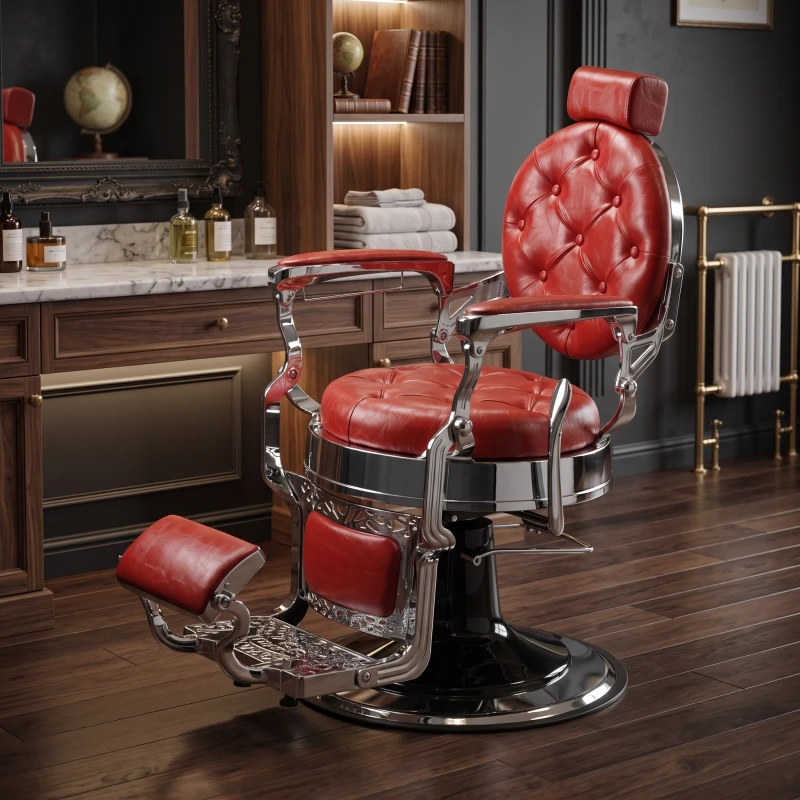 Poltrona da barbiere Mack Red Silver - Stile classico, rivestimento rosso trapuntato e struttura in alluminio pressofuso - i-Med
