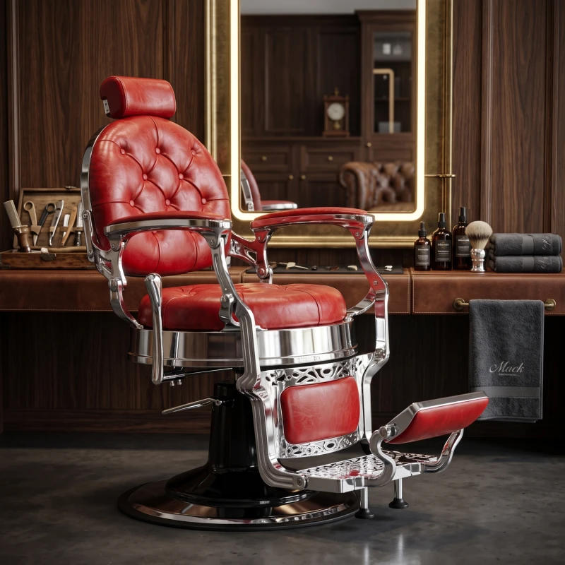 Poltrona da barbiere Mack Red Silver - Stile classico, rivestimento rosso trapuntato e struttura in alluminio pressofuso - i-Med