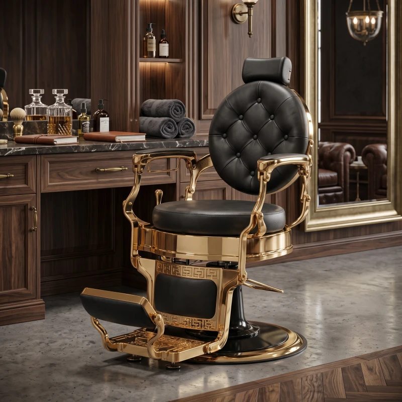 Poltrona da barbiere Larry Gold con base rétro dorata e rivestimento in PU nero - Mudi