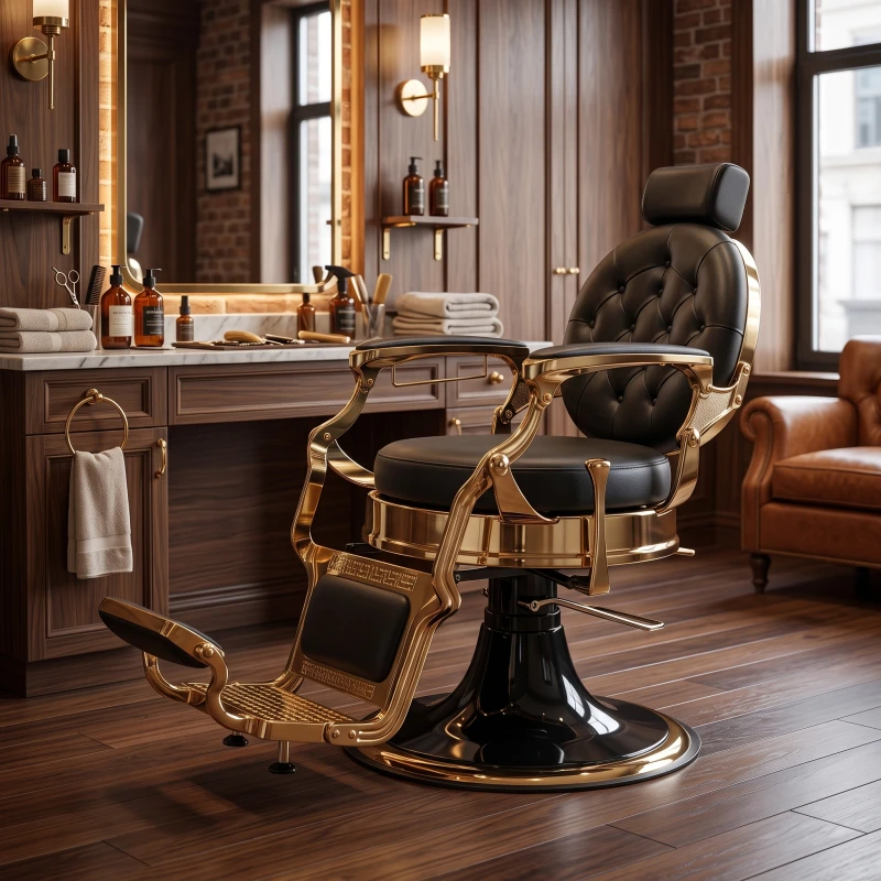 Poltrona da barbiere Larry Gold con base rétro dorata e rivestimento in PU nero - Mudi