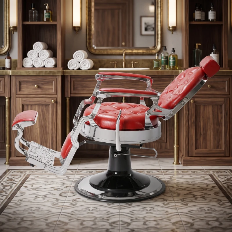 Poltrona da barbiere Mack Red Silver - Stile classico, rivestimento rosso trapuntato e struttura in alluminio pressofuso - i-Med