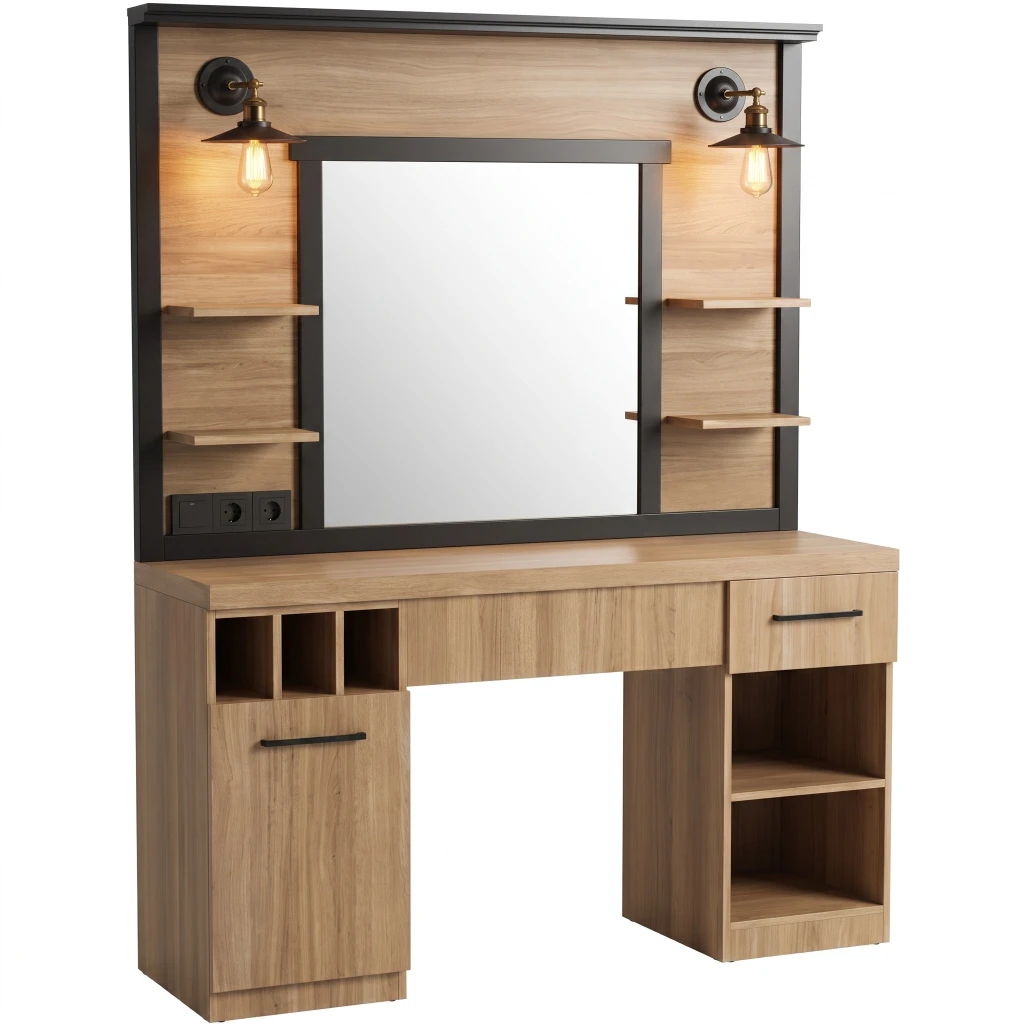 Tocador de barbería MUDI FOLK OAK con espejo e iluminación