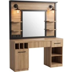 Coiffeuse de barbier MUDI FOLK OAK avec miroir et éclairage