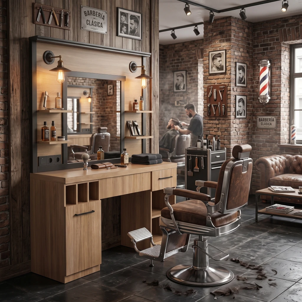 Tocador de barbería MUDI FOLK OAK con espejo e iluminación