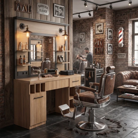 MUDI FOLK OAK Friseur- und Barber-Bedienplatz mit Spiegel und Beleuchtung