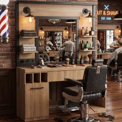 Postazione barberia MUDI FOLK OAK con specchio e illuminazione