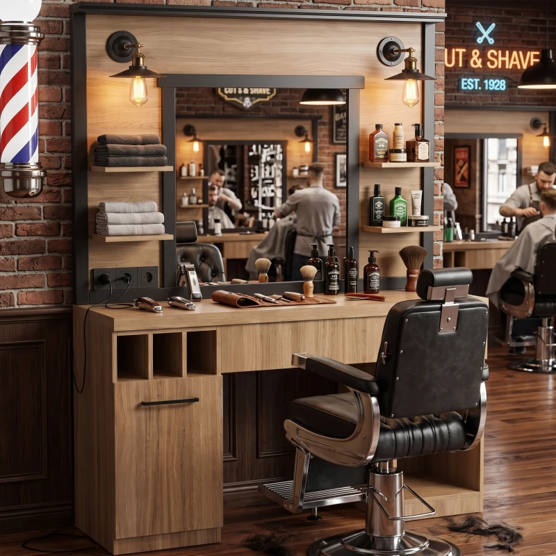 MUDI FOLK OAK barber station with mirror and lighting