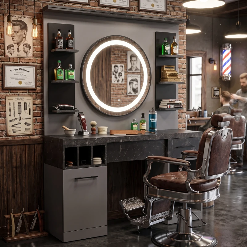 Coiffeuse de barber shop MUDI ZINC grise sans miroir