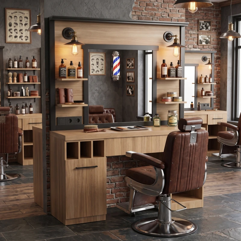 Toucador de barbearia MUDI FOLK OAK com espelho e iluminação