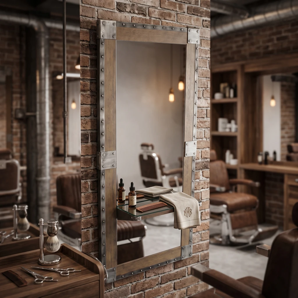 Tocador para barbería con espejo y repisa central, acabado en madera - i-Medstetic