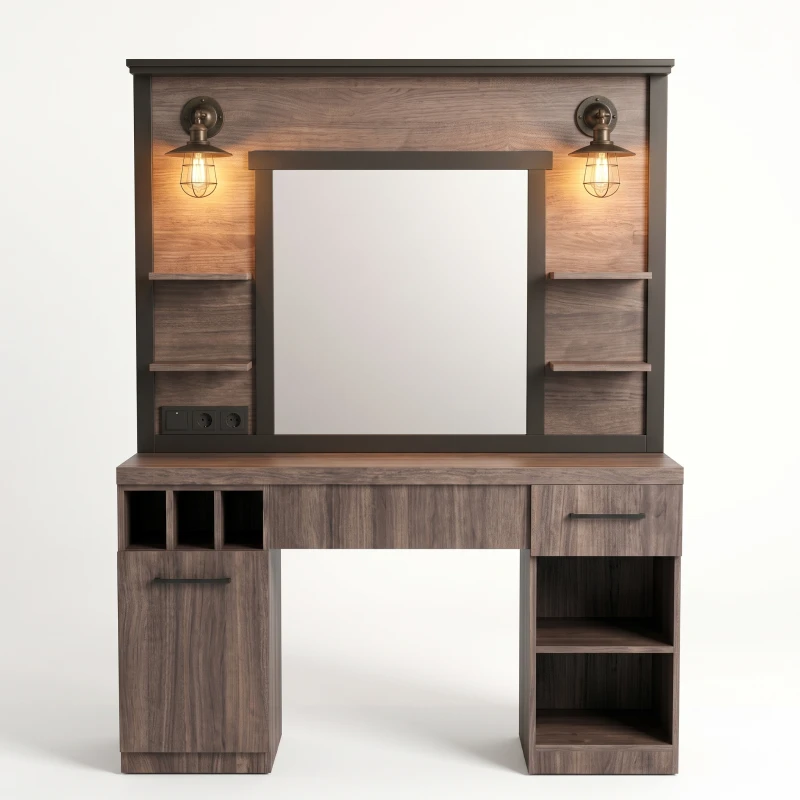 Postazione barberia MUDI FOLK DARK con specchio e illuminazione