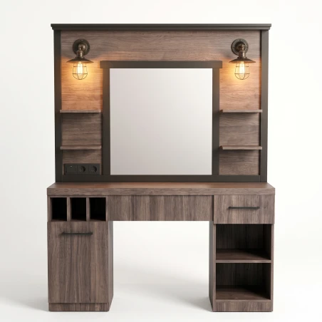 Postazione barberia MUDI FOLK DARK con specchio e illuminazione